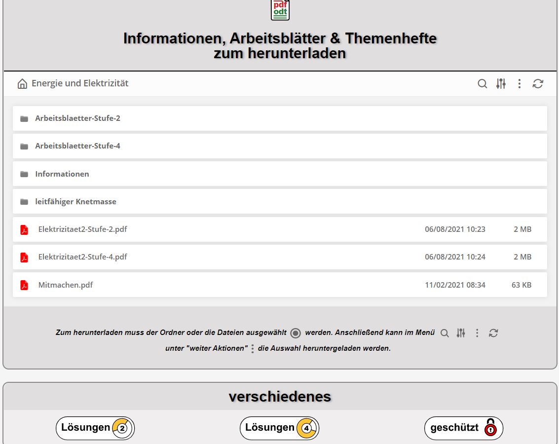 Bereich mit dem Titel Infos, Arbeitsblätter & Themenhefte zum Herunterladen, darunter eine entsprechende Ordnerstruktur